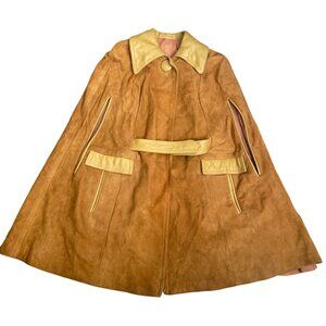 Vintage 70s Suede & Leather Tan Cape Coat Sz Small Retro Boho Mod w/FLAWS